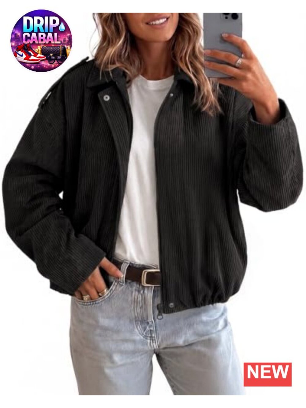 Corduroy Cropped Bomber Jacket Zip Up Collared Casual Coat